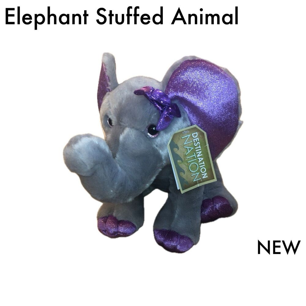 Aurora Girlz Nation Gray Elephant Purple Glitter Ears Bow & Feet Bean Bag Plush